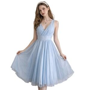 VINTAGE 50s Light Blue Chiffon Dress Fit Flare Romantic Midi